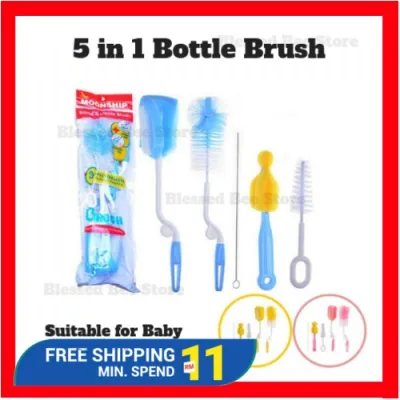 5 in 1 set Bottles and Teats Brush Teat Cleaning Baby Bottle & Teat Brush Set - 3 Colours choice