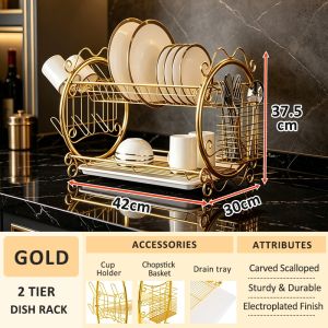 GSlife 2/3 Tier Luxury Gold Electroplated Rak Pinggan Mangkuk Anti Rust Dish Rack With Cup Holder