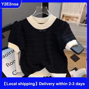 【Local shipping】 Summer Sweet Hollow Out Knitted T-shirt Women Contrast Color Round Neck Short Sleeve Crop Top