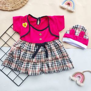 dress bayi 0 12 bulan cewek Baju Set Topi Lucu Kombinasi Kotak-Kotak