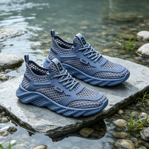 New Mens Summer Water Shoes: Breathable Mesh Cut-out Design Waterproof & Non-slip Lightweight Casual Shoes with Soft Soles