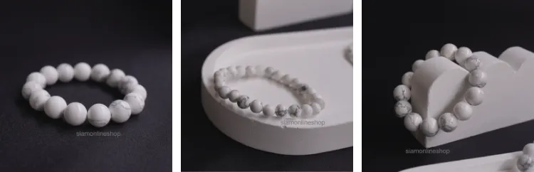 HOWLITE หินฮาวไลท์ เลือกขนาดเม็ดหินได้ (4-14 มม.) หินแห่งความใจเย็น สร้อยข้อมือหินแท้