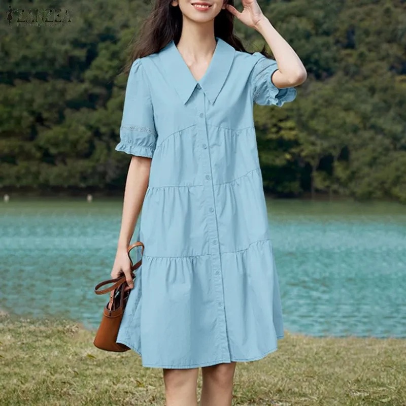 ZANZEA Korean Style Women Girlish Short Sleeve Plain Dresses Shirt