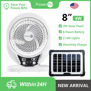 POWERPH 8inch Rechargeable Electric Solar Fan With 4W Solar Panel 2 LED Light Electric Charger