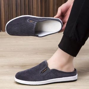 ZEEMIN Mens Summer New Baotou Flat sole Canvas Slippers Soft Sole Non Slip Breathable Outdoor Casual Half Slippers Lazy Slippers