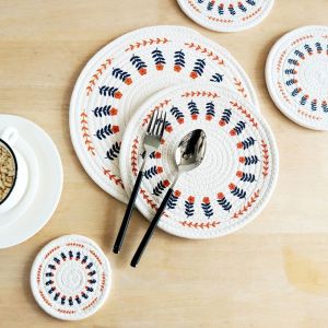 OKDEALS01 Strawberry Woven Cotton Placemat Heat Insulation Flower Print Pot Pad Table Mats Non-Slip Coffee Cup Mats Table Decoration