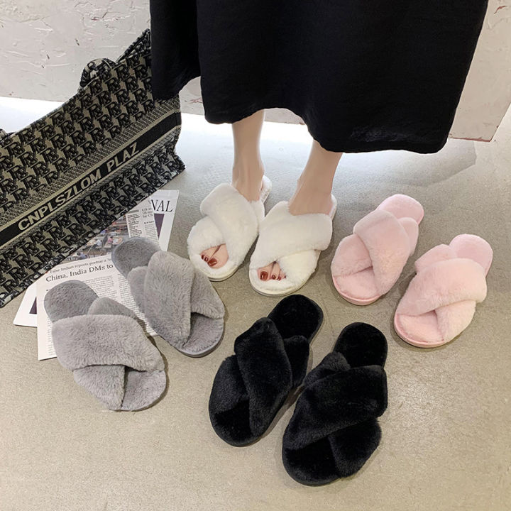 Indoor household fur slippers cross rabbit fur open toe Korean trend ...