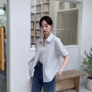 Ammin 2024 màu cotton Mới Mùa Hè sọc ngắn tay áo cho phụ nữ phong cách Hàn Quốc ve áo Một hàng khuy đi lại Áo Blouse thanh lịch