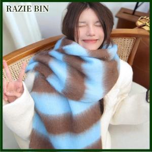 RAZIE BIN ผ้าพันคอขนแคชเมียร์เทียมหรูหราสำหรับผู้หญิงผ้าพันคอลายทางหนาอบอุ่นในฤดูหนาวผ้าพันคอยาวแต่งพู่ให้ความอบอุ่นสำหรับผู้หญิงของขวัญวันหยุด