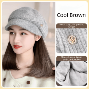 OMQAIO Đa lớp Mũ tóc giả tích hợp cho phụ nữ Thời trang Thực tế Mũ beret đan len Thường ngày Bảo vệ toàn đầu Tóc ngắn thẳng Ngoài trời