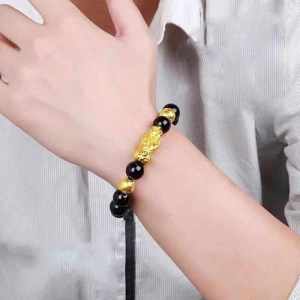 【Original High Quality】Authentic 18K Carat Gold Piyao Black Obsidian Gold Wealth Bracelet Pang Paswerte Lapitin Sa Pera Negosyo Love Life Pang Kalusugan| Pixui Piyao Obsidian Lucky Charms Money Magnet Bracelet Year 2022