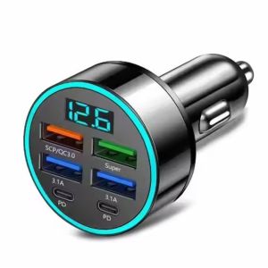Car Mounted Charger with Led Digital Display 6 in 1 Quick Adapter 4 Usb Port 2 Type-C Pd Car Charging Station Charger