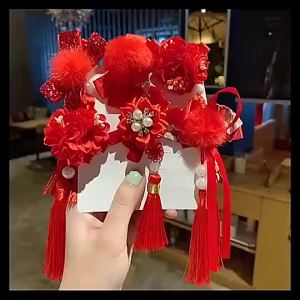 พร้อมส่ง กิ๊ฟติดผมเด็กผู้หญิงวันตรุษจีน ประดับโบว์ พู่ ดอกไม้