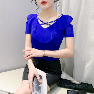 YIMEI 2024 Summer New Mesh Unique Nail Diamond Cross Hollow V-neck Korean Edition Top with Versatile Style Short Sleeve Womens T-shirt Red Dance Shirt