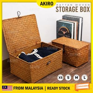 AKIRO HOME Handmade Home Organizer Seagrass Rattan Basket Hamper Retro Woven Picnic Storage Box Stationery Storage Box With Lid Cover Kotak Bakul Rotan Hantaran Kahwin 藤篮 编织篮