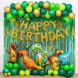 【COD】113pcs Dinosaur Theme Birthday Decoration set Dinosaur Foil Balloons+Banner+Rain Silk Curtain+Latex Balloon Set Childrens Birthday Party Supplies Green Birthday Party Theme  For Kids Birthday Party Decorations 40 inch large aluminum film balloon set
