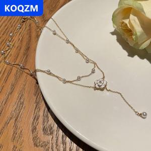 [COD] KOQZM Đôi Lớp Tua Vòng cổ ngọc trai cho nữ thiết kế thích hợp Camellia xương đòn chuỗi ánh sáng sang trọng cao cấp Cảm thấy tính khí cổ chuỗi