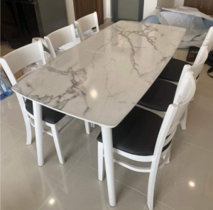 Bàn ăn cơm 6 ghế gỗ trắng bàn ăn giả đá - mặt bàn chữ nhật 1m60 x80cm kết hợp ghế cabin siêu chắc