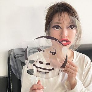 FDYRU 10Pcs กลม แฟนพัดมือถือโปร่งใสแบบนามธรรม พร้อมที่จับ ป้องกันน้ำ แฟนตาซีตาโตและริมฝีปากแดง แบบพกพา พลาสติก แฟนแสดงอารมณ์ตลก สำหรับกลางแจ้ง