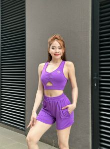 Bộ Thể Thao [D02] Màu Đen-  Bộ Đùi Thể Thao Túi Áo Bra Rúm Ngực Chất Liệu Co Giãn Thoáng Mát Thích Hợp Đi Tập Gym Yoga Đi Biển