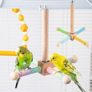 ER52858 Solid Wood Rotary Tabletop Bird Perch Comfortable Grip Detachable Wood Bird Training Stand Portable With Bells Birds Grinding Perch Holder Parrots