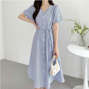 dress faila Dress katun salur wanita korea Midi Dress formal