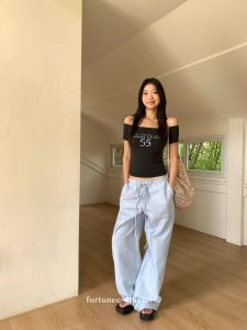 ❣Fortunee ❣ กางเกงขากว้างทรงตรง รุ่นใหม่ ดีไซน์เอวยางยืดพร้อมเชือกรูด ผ้าทิ้งตัวสวย ใส่สบาย
