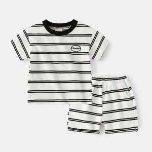 Kualitas Tinggi setelan baju kaos anak laki laki import katun 0-5 tahun jas pakaian anak cowok imut tampan garis-garis stelan baju bayi perempuan Gaya Korea