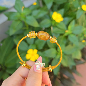 Q281 Vòng lu thống Ngọc Agate vàng khắc Bát nhã tâm kinh ngũ điếu Hổ Phách Thổ và Kim - Phong Thuỷ TUDO P