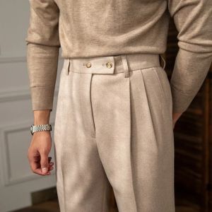 Mens Luxury Naples Slim-fit High Waist Dress Pants Fashion Solid Color British Retro Premium Elegant Woolen Leisure Trousers2026