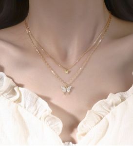 WINDES Butterfly Double Necklace Ladies Silver Gold Sparkling Clavicle Chain Simple Design Crystal Elegant Wedding Jewelry Gift