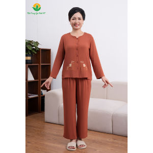 Đồ bộ lanh mặc nhà trung niên quần dài áo dài tay thời trang Việt Thắng B30.2411
