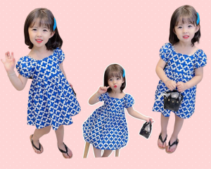 พร้อมส่ง⚡ชุดเดรสสีน้ำเงินพิมพ์ลาย แขนตุ๊กตาสุดน่ารัก สำหรับเด็กผู้หญิง(202)