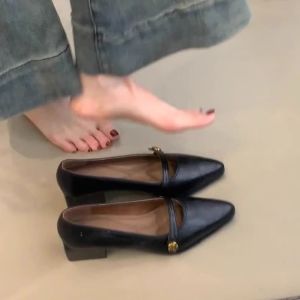 Free Shipping Elegant Retro Single Shoes For Women 2026 Autumn New Collection Chunky Heel Pointed Toe Shallow Mouth Camellia Flower Design