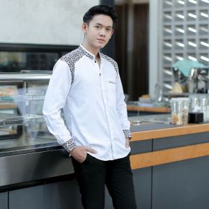 Baju Kemeja Koko Pria Dewasa Lengan Panjang Warna Putih Kombinasi Batik