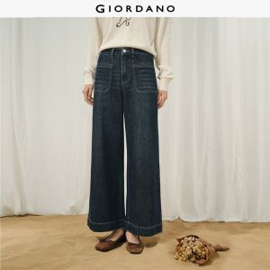 Giordano Women Designer pockets high waist wide leg jeans Free Shipping 18416313