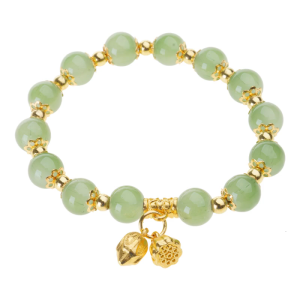 Women Bracelet with Elastic Cord Glass Beads Lotuses Flower Pendant Wristchain Traditional Chinese Style Handchain