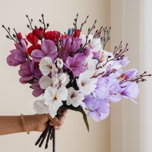 NOONOOR 20 Heads Artificial Magnolia Flowers Multi-Bloom 5 Branch Fake Flower Branch Blue Artificial Faux Plants Home Decor