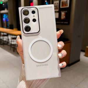 Kisscase với tấm dán bảo vệ ống kính bảo vệ rõ ràng vỏ điện thoại cho Samsung S24 S23 S22 Ultra Plus s23fe MagSafe không dây sạc trong suốt TPU chống rơi vỏ lưng chống sốc cho Samsung A73 A54 A33 A15