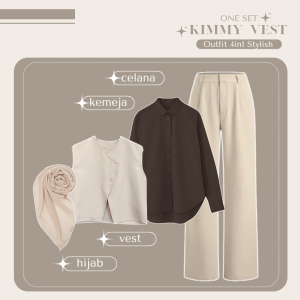 One Set 4in1 Stylish Hijab ( Kimmy Vest + Kemeja Basic + Celana Kulot + Hijab ) Outfit Kekinian - AM41N