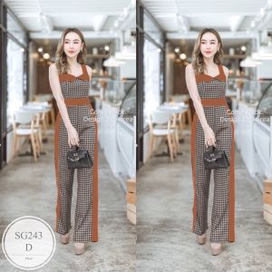 SS243 จั้มสูทชิโนริขายาวแขนกุด อกแต่งปกดำ แต่งผ้าคาดเอวสลับสีพื้นเรียบหรู