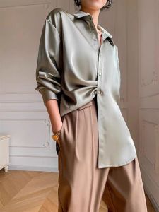 (COD)Alisa.Sonya Classic Office Women Shirts Elegant Blouse Satin Long Sleeves Fashion Button Up Lapel Collar Loose Fit Top Silky Blouse For Women