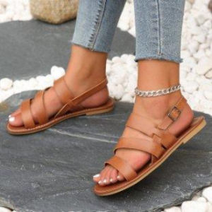 [Free Shipping] Fashionable Large-Size WomenS Sandals With Cross Straps Round Toe Flat Sole And Ankle Buckle New Style