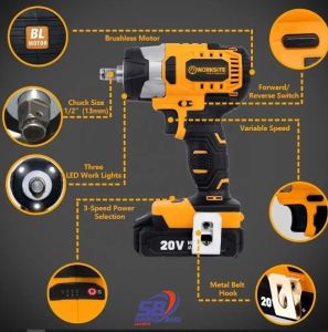 SB Cordless Impact Wrench Brushless Jld Mesin Pembuka Baut Bor Worksite