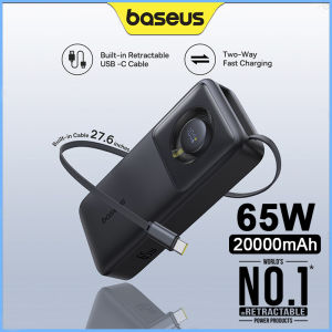Baseus 65W Power Bank 20000mah ธนาคารพลังงาน External Battery Fast Charging with Built-in Retractable Type-C Cable for Laptops Macbook iPhone 15 Pro Max
