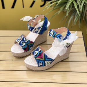 Free Shipping Fashionable High-Heeled Shoes For Women 2026 Summer New Style Colorful Patchwork Wedge Heels Plus-Size Fish-Mouth Sandals