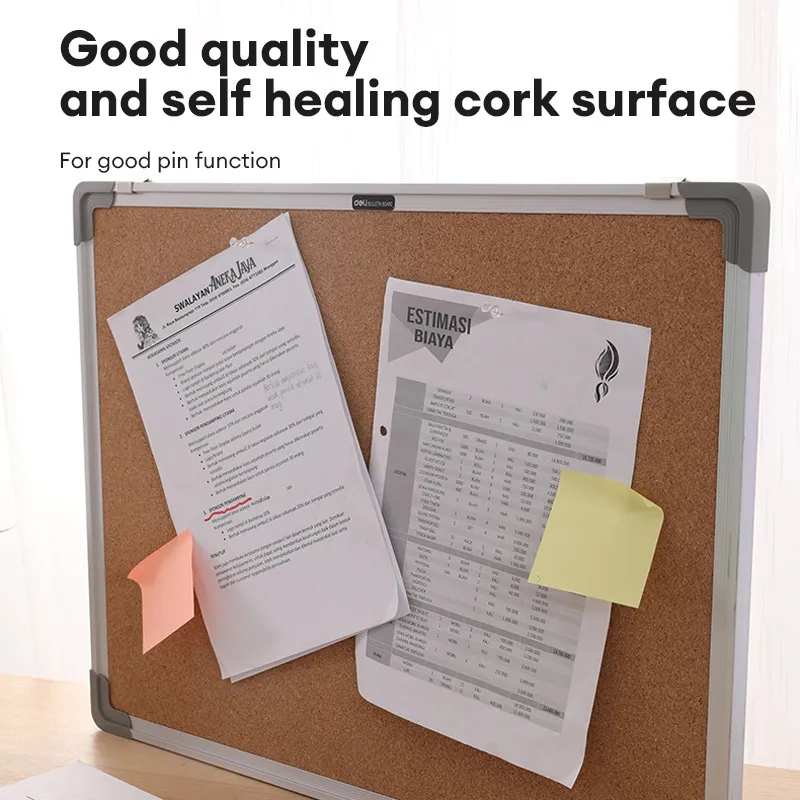 Deli Cork Board 90 x 60cm Hard Fibre Board, Aluminium Frame with ABS Corner, Hangable Holes in Plastic Corners E39053