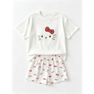 Summer Women Loungewear Cute Cartoon Print Short Pajama Set for Home & Outdoor