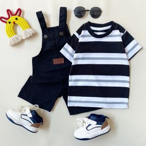 STRIBLYKIDS Setelan Anak bayi overall jumpsuit kaos salur stripe laki laki usia 1 - 6 tahun