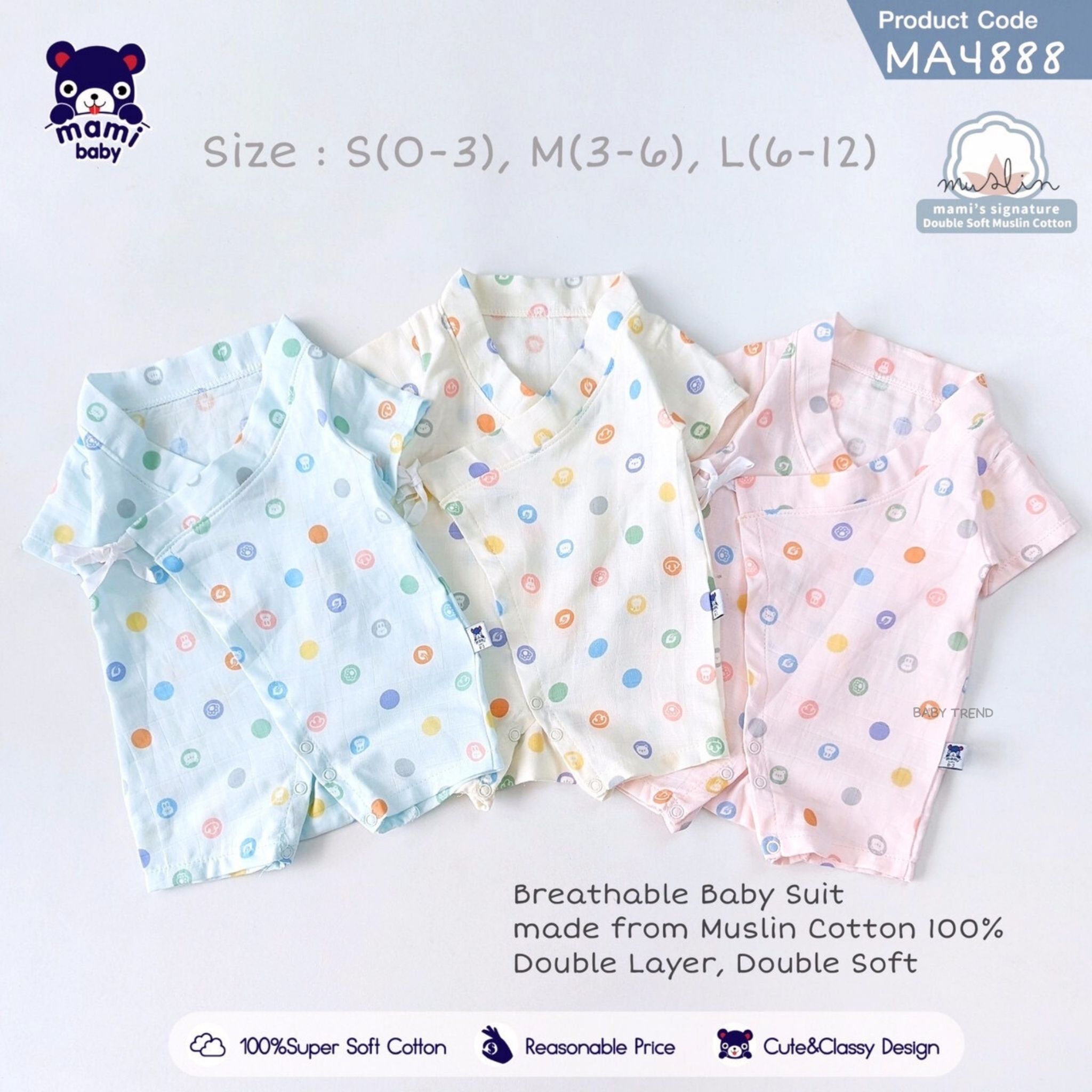 บอดี้สูทและชุดหมี Mami Baby ชุดยูกาตะผ้ามัสลิน โปร่งสบาย ชุดบอดี้สูทผูกหน้าเด็กอ่อน ขนาด 0-3, 3-6, 6-12 เดือน